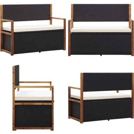 Bank mit Stauraum 115 cm Poly Rattan Massivholz Akazie Schwarz Rattan