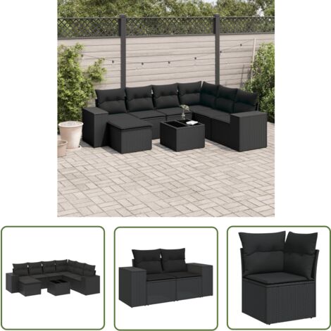 The Living Store 8tlg. GartenSofagarnitur mit Kissen Schwarz Poly