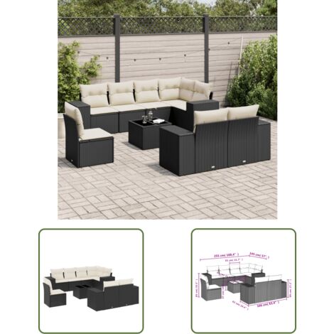 The Living Store 9-tlg. Garten-Sofagarnitur mit Kissen Schwarz Poly Rattan - Gartenmöbel - PE-Rattan Möbel - Outdoor Set - Esstisch - Lounge Set (1/3)