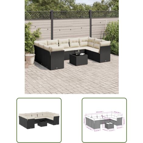 The Living Store 10-tlg. Garten-Sofagarnitur mit Kissen Schwarz Poly Rattan - Gartenmöbel Set - PE-Rattan Möbel - Outdoor Sofa - Esstisch - Lounge Garnitur (1/3)