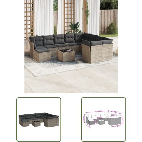 The Living Store 11-tlg. Garten-Sofagarnitur mit Kissen Grau Poly Rattan - Gartensorte - Gartenmöbelset - PE-Rattan Möbel - Outdoor Sofa - Lounge Set (1/3)