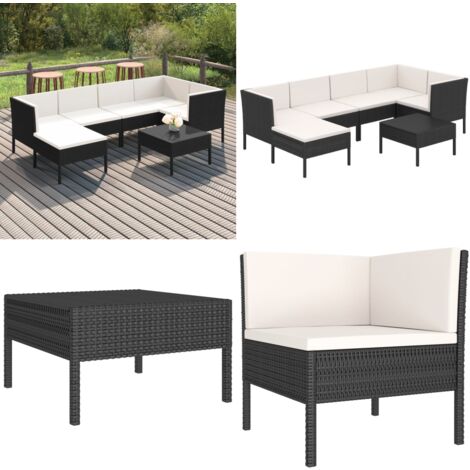 7tlg. GartenLoungeSet mit Auflagen Poly Rattan Schwarz