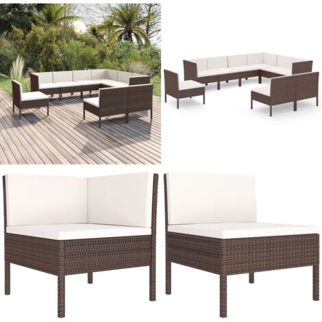 9tlg. GartenLoungeSet mit Auflagen Poly Rattan Braun