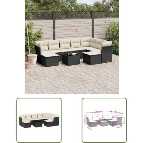 The Living Store 10-tlg. Garten-Sofagarnitur mit Kissen Schwarz Poly Rattan - Gartenmöbel - PE-Rattan Möbel - Outdoor Sofa Set - Esstisch - Lounge Set (1/3)