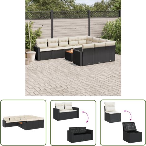 The Living Store 11tlg. GartenSofagarnitur mit Kissen Schwarz Poly