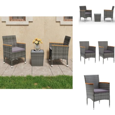 3tlg. BistroSet Poly Rattan und Hartglas Grau Outdoor Möbel