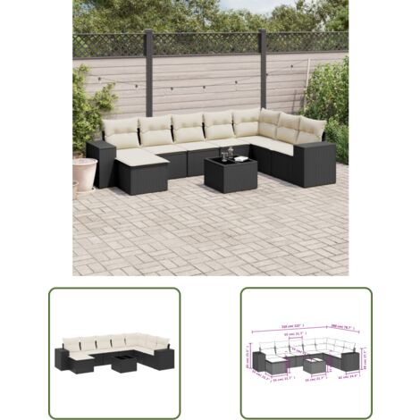 The Living Store 9-tlg. Garten-Sofagarnitur mit Kissen Schwarz Poly Rattan - Gartenmöbel - PE-Rattan Möbel - Outdoor Lounge Set - Esstischgarnitur - Balkonmöbel (1/3)
