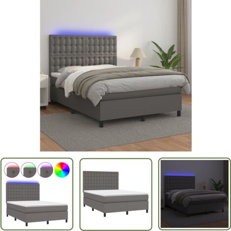 The Living Store Boxspringbett mit Matratze & LED Grau 140x190 cm Kunstleder - Boxspringbett - Doppelbett - Bettenrahmen - Lederbettwäsche - Luxusbett (1/5)
