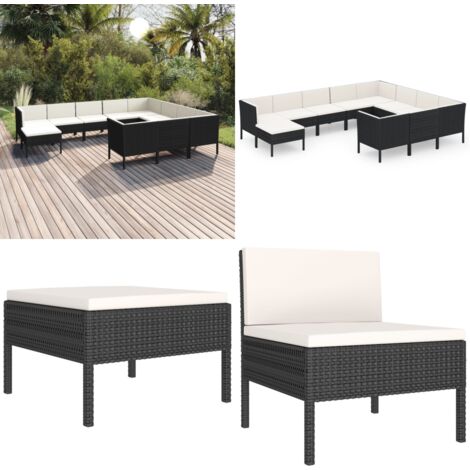 11tlg. GartenLoungeSet mit Auflagen Poly Rattan Schwarz