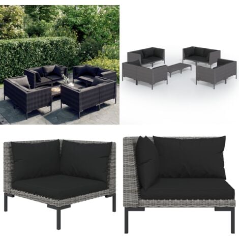 9tlg. GartenLoungeSet mit Kissen Poly Rattan Dunkelgrau Garten