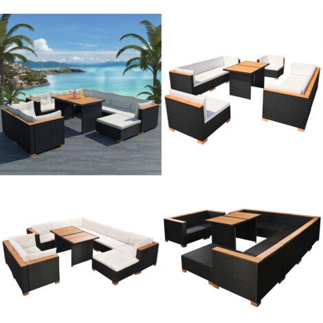 10tlg. GartenLoungeSet mit Auflagen Poly Rattan Schwarz