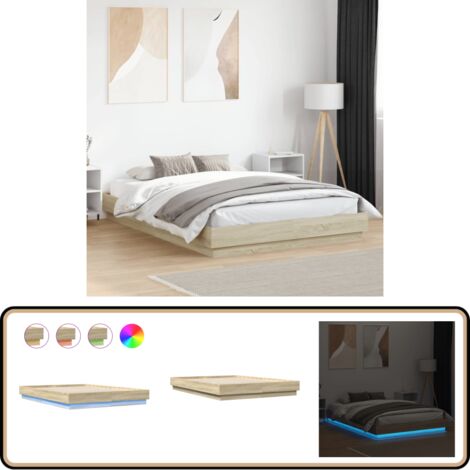 Bettgestell mit LED Sonoma-Eiche 150x200 cm - Holzbettwäsche - Bettsofa - Doppelbett - Boxspringbett - Lattenrost (1/5)