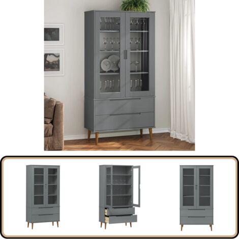 Vitrinenschrank MOLDE 90x35x175 Cm - Massivholz Kiefer Regal Mit Glastüren In Grau