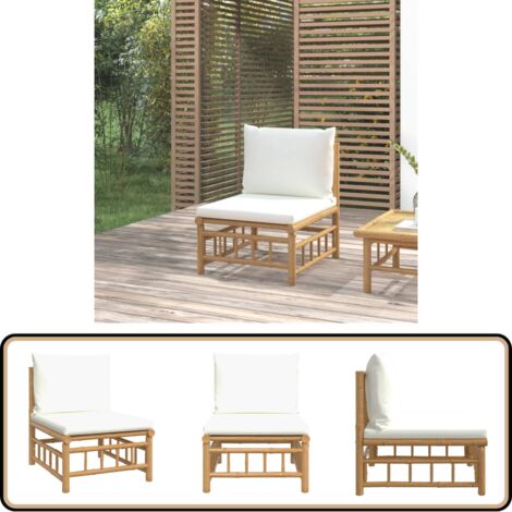 Garten-Mittelsofa mit Cremeweien Kissen Bambus - Gartensofa - Bambus Mbel  - Lounge Set - Gartenlounge - Auengartenmbel