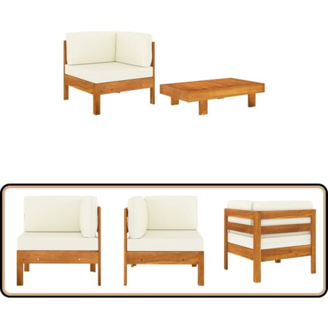 VidaXL Akazienholz Gartenmöbel 3-TLG. Ecksofa Mit Tisch & Sonnenliege - Cremeweiße Kissen