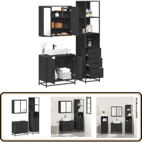Massbinet 3-teiliges Badmöbel-Set Schwarz - Badezimmerschrank Mit Metallfüßen