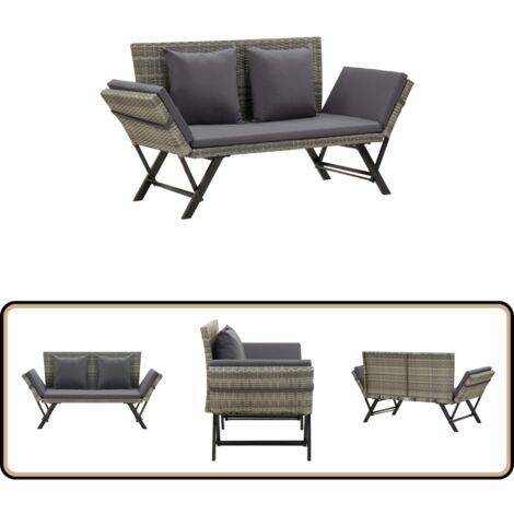 Panchina Da Giardino In Rattan Polietilene Con Cuscini, Trasformabile In Lettino, Grigio Scuro, 176 Cm