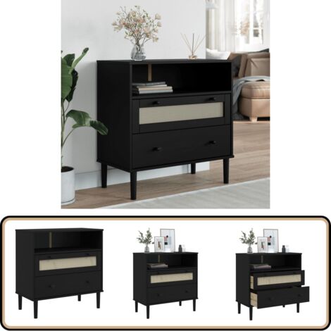 Sideboard SENJA Rattan-Optik Schwarz 80x40x80 cm Kiefernholz - Schreibtisch - Wohnzimmermöbel - Sideboard - Regal - Holz Sideboard (1/5)