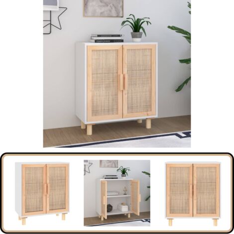 Sideboard Weiß 60x30x70 cm Massivholz Kiefer und Natur-Rattan - Schreibtisch - Wohnzimmermöbel - Sideboard - Regal - Eckschrank (1/5)