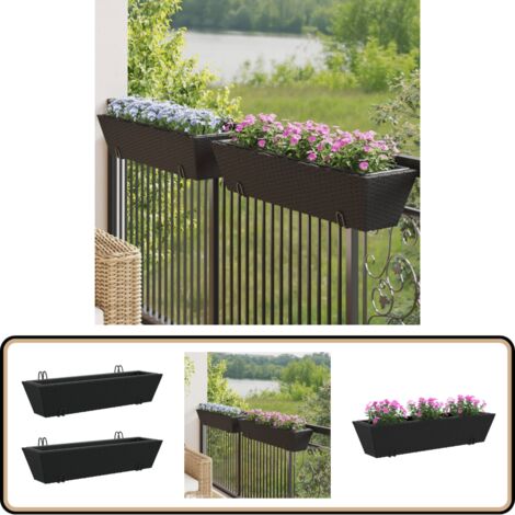 Pflanzkasten mit Haken 2 Stk. Schwarz Poly Rattan - Blumenkasten -  Balkonpflanzen - Gartendeko - Outdoor Dekoration - Rankhilfe