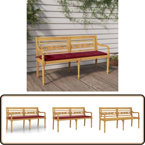 Batavia-Bank mit Weinrotem Kissen 150 cm Massivholz Teak - Gartenbank - Holzbank - Teakholzbank - Outdoor Möbel - Balkonmöbel (1/5)