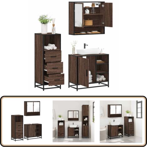 VidaXL Badmöbel-Set 3-tlg. Altholz-Optik - Badezimmerschrank Mit Spiegelschrank