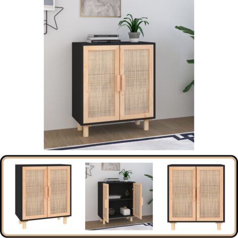 Sideboard Schwarz 60x30x70cm Massivholz Kiefer und Natur-Rattan - Schreibtisch - Wohnzimmermöbel - Sideboard Schwarz - Regal - Holz Sideboard (1/5)