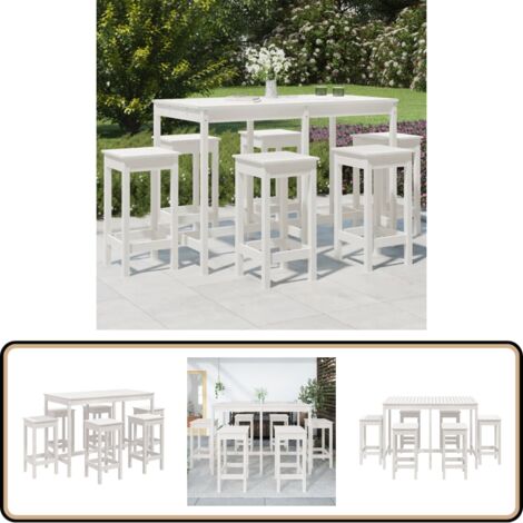 7-tlg. Gartenbar-Set Weiß Massivholz Kiefer - Gartenbar - Esszimmer Im Freien - Holzmöbel - Terrassentisch - Gartenstühle (1/5)