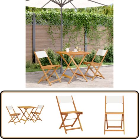 3-tlg. Bistro-Set Cremeweiß Stoff und Massivholz - Gartentisch - Esszimmergarnitur - Holztisch - Outdoor Möbel - Gartenstühle (1/5)