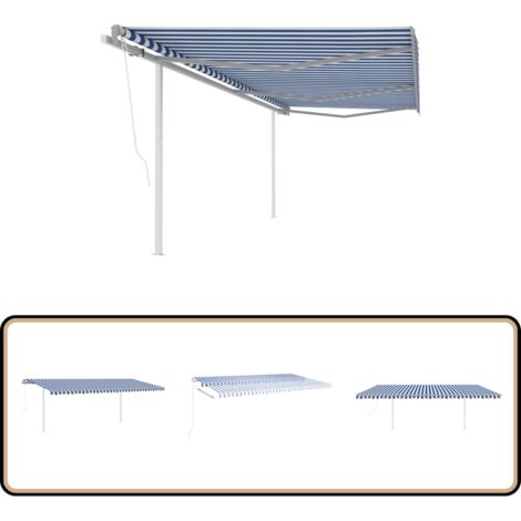 Markise Automatisch Einziehbar mit Pfosten 6x3 m Blau und Wei - Markise -  Sonnensegel - Gartensonnenblende - Terrassenschutz - Wetterfest
