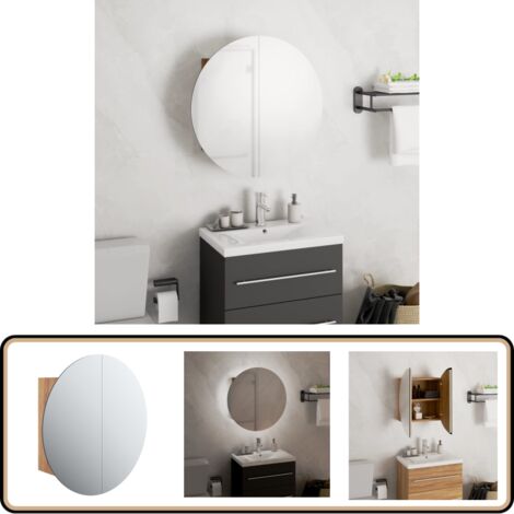Badezimmerschrank mit Rundem Spiegel & LED Eichen-Optik - Badezimmermöbel - Holzbadschrank - Runder Spiegel - LED-Spiegel - Kosmetiktisch (1/5)