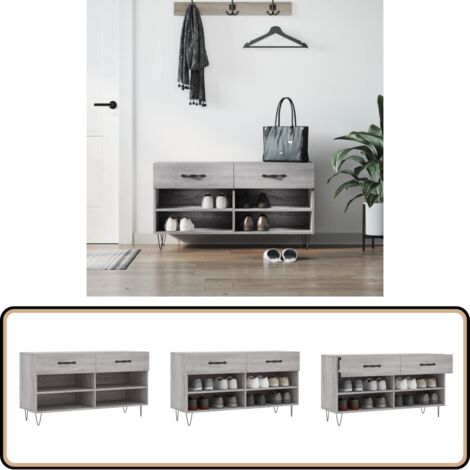 Schuhbank Grau Sonoma 102x35x55 cm Holzwerkstoff - Schuhschrank - Schuhbank - Garderobe - Einbauschrank - Wohnzimmermöbel (1/5)