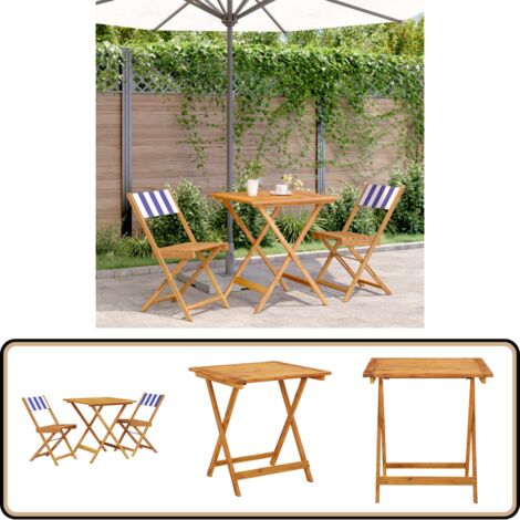3-tlg. Bistro-Set Blau und Weiß Stoff und Massivholz - Gartentisch - Holzmöbel - Esszimmergarnitur - Bistroset - Gartenstühle (1/5)