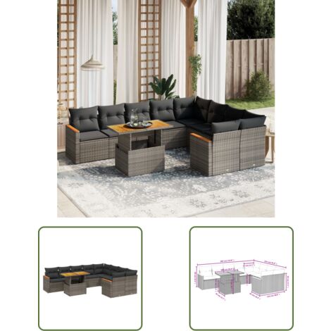 The Living Store 10-tlg. Garten-Sofagarnitur mit Kissen Grau Poly Rattan - Gartenmöbel - Esszimmergarnitur - Lounge Set - Rattan Möbel - Outdoor Möbel (1/3)