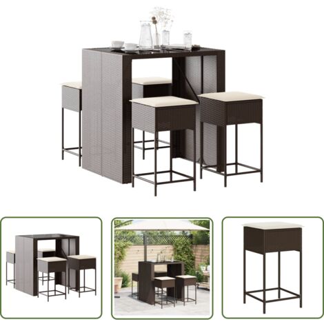 The Living Store 5-tlg. Gartenbar-Set mit Kissen Braun Poly Rattan - Gartensets - Gartenmöbel - Esstisch - Barhocker - Rattanmöbel (1/5)