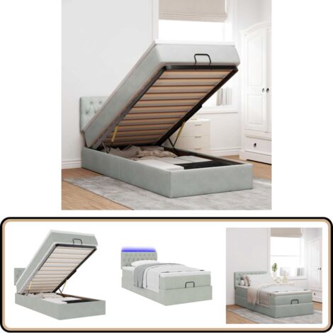 vidaXL Ottoman-Bett mit Matratze & LEDs Hellgrau 90x190 cm Samt