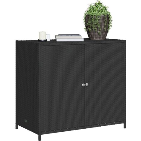 ADWOA Gartenschrank Schwarz - Poly Rattan Schrank 100x55,5x80 Cm (Stahlrahmen, Akazienholz Griffe)