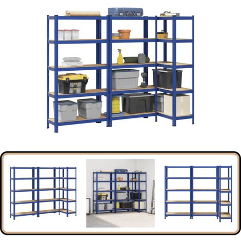 Eckregal Mit 4 Böden Blau Stahl & Holzwerkstoff - Eckregal