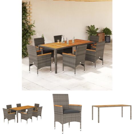 The Living Store 7-tlg. Garten-Essgruppe mit Kissen Grau Poly Rattan Akazie - Gartenmöbel-Sets