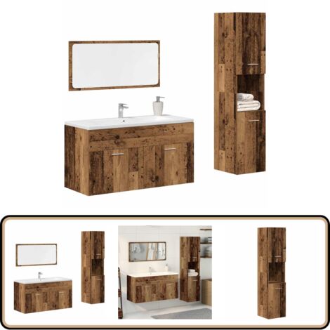 VidaXL 3-teiliges Badmöbel-Set Altholz-Optik - Unterschrank, Spiegelschrank & Spiegel