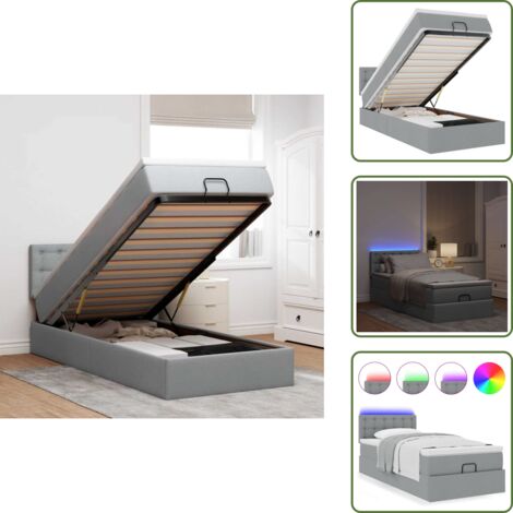 vidaXL Ottoman-Bett mit Matratze & LEDs Hellgrau 90x190 cm Stoff