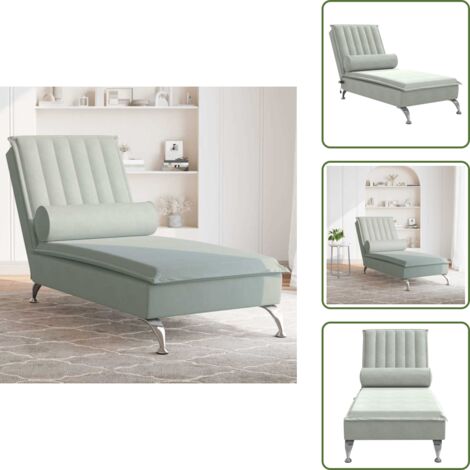 The Living Store Massage-Chaiselongue mit Nackenrolle Hellgrau Samt - Chaiselongue - Massage-Funktion - Samtcouch - Wohnzimmermöbel - Relaxsessel