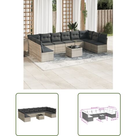 vidaXL 11-tlg. Garten-Sofagarnitur mit Kissen Hellgrau Poly Rattan (1/3)