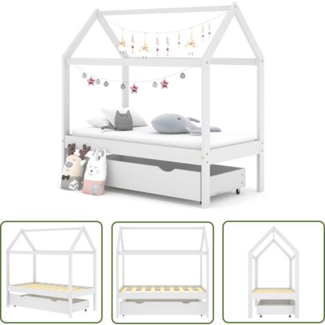 The Living Store Kinderbett mit Schublade Weiß Massivholz Kiefer 70x140 cm - Holz Kinderbett - Kiefernholz Kinderbett - Kinderbett Mit Schublade - Weißes Kinderbett - Jugendbett