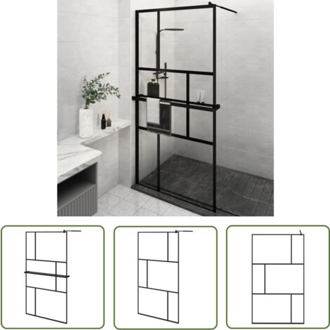 ZEYUAN Duschwand Mit Ablage 80x195 Cm ESG Glas Schwarz – Walk-In-Dusche, Verstellbar, Spritzwassergeschützt