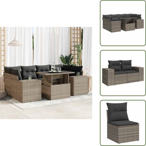 VidaXL 7-teilige Garten Sofagarnitur Grau - Poly Rattan Outdoor Möbel Mit Stauraum