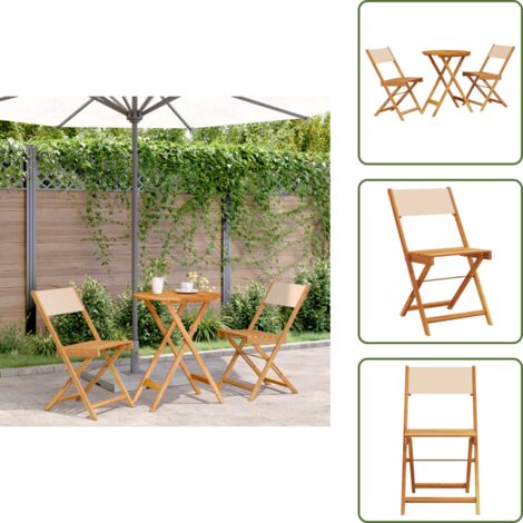 FENLAX 3-teiliges Bistro-Set – Cremeweißer Stoff & Massivholz (Akazie), Klapptisch + 2 Stühle, Für Garten, Balkon & Terrasse
