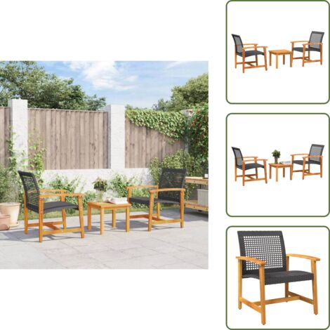 3-tlg. Bistro-Set Schwarz Poly Rattan und Akazienholz - Outdoor Möbeln - Gartenmöbel - Esstisch - Stühle - Bistroset (1/5)
