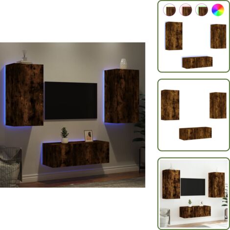 4-tlg. Wohnwand mit LED-Beleuchtung Räuchereiche Holzwerkstoff - TV ...
