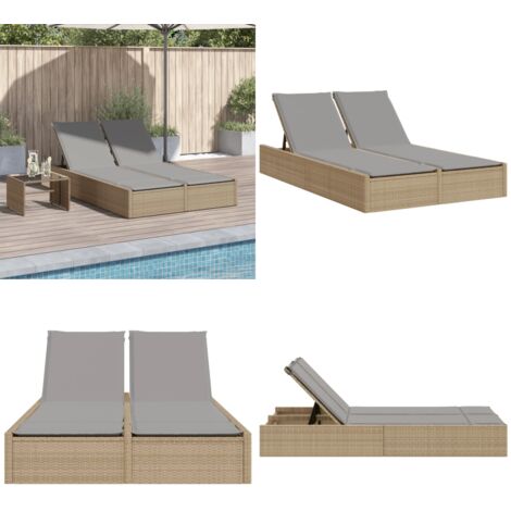 Doppel-Sonnenliege mit Auflagen Beige Poly Rattan - Doppel-Sonnenliege - Lounge Chair - Gartenmöbel - Outdoor Furniture - Poolside Lounge - Home & Living (1/5)